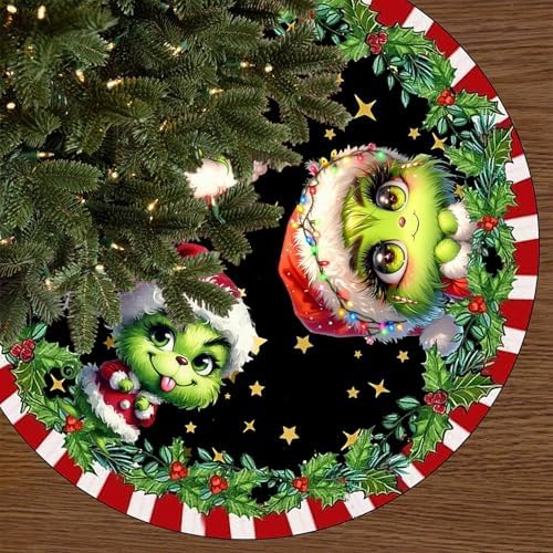 Christmas Tree Skirt 48 Inch, Cute Christmas Cartoon Xmas Tree Skirt Holly Wreath Star Candy Cane Edge Winter Holiday Party Decorations for Christmas Tree Base
