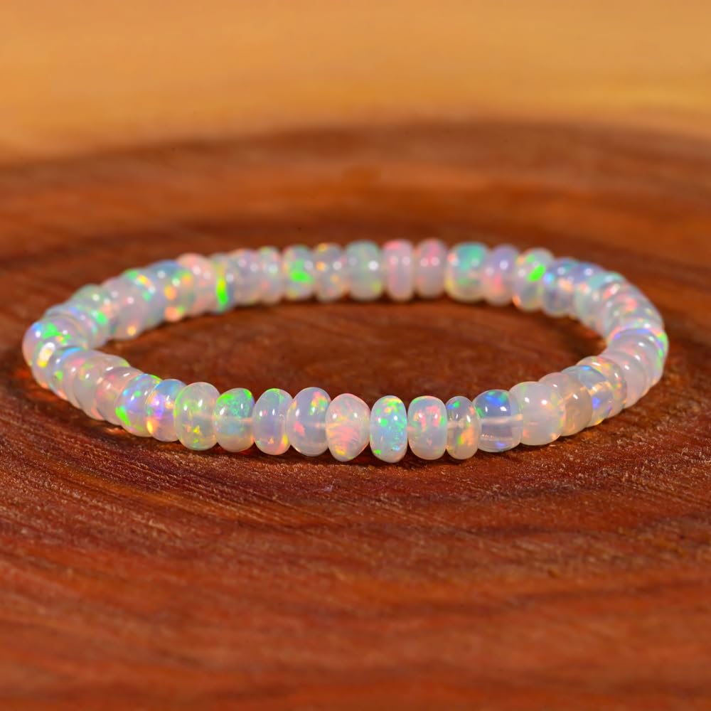 Natural Ethiopian Opal Stretchable Bracelet, Welo Fire, Smooth Beads Bracelet, Rondelle Shape, Milky White with Play-of-Color, 5 Inch