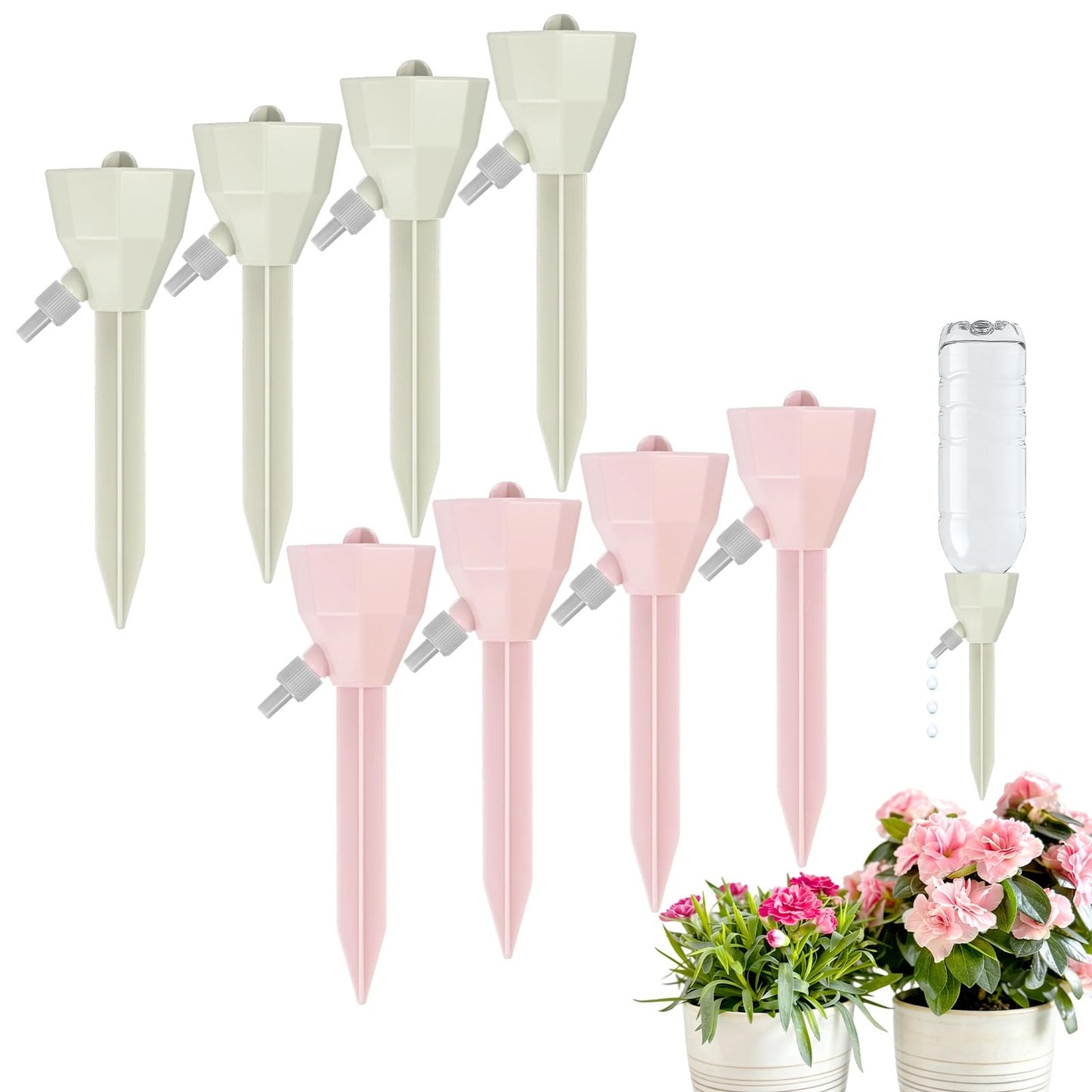 M METERXITY 8-Pack Self Watering Spikes for Plants, 6 Inch Plastic Plant Watering Devices with 8 Stoppers for Indoor/Outdoor Pots, Garden Water Planter System [Beige/Pink]