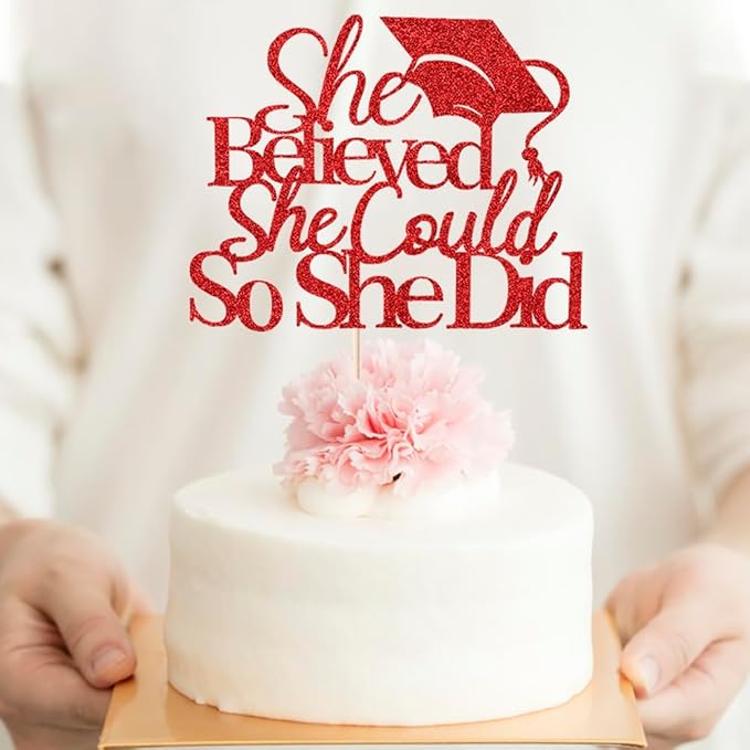 Red She Believed She Could Graduation Cake Topper