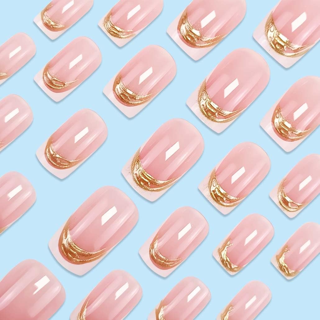 Foccna Short Press on Nails Square Fake Nails French Tip False Nails with Gold Line Design Glue on Nails Acrylic Nails Glossy Full Cover Stick on Nails for Women 24Pcs