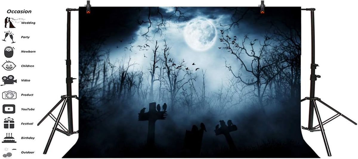 AOFOTO 10x8ft Moon Night Halloween Cemetery Photography Backdrop Flying Bats Birds Stand on Gravestone Cross Graveyard in Dark Forest Photo Background Cloth Vinyl Wallpaper Photo Studio Props