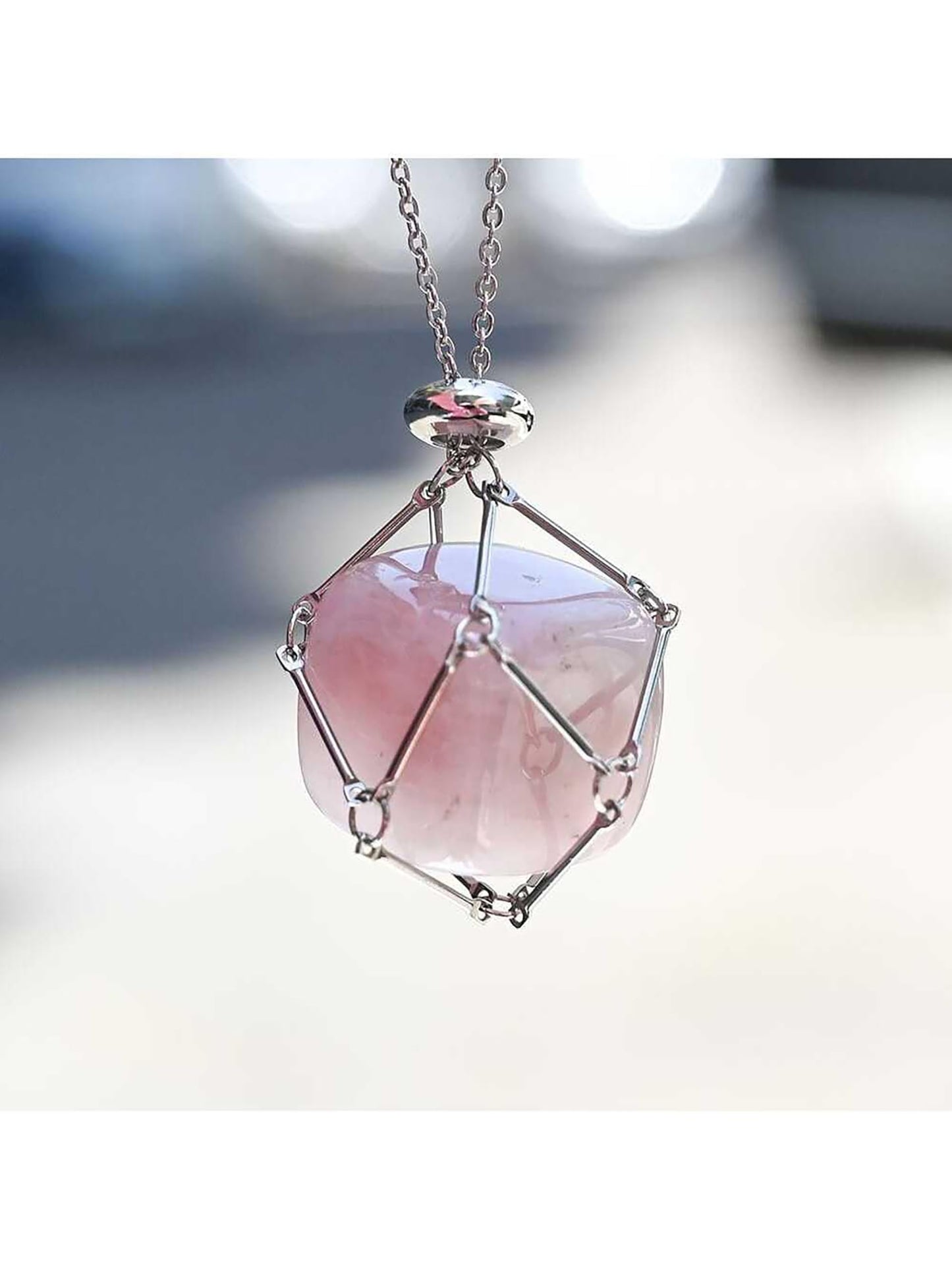 VLIEGEN Crystal Holder - Stainless Steel Cage for Natural Quartz Gemstone, Adjustable Necklace Holder (GoldSilver-Large)