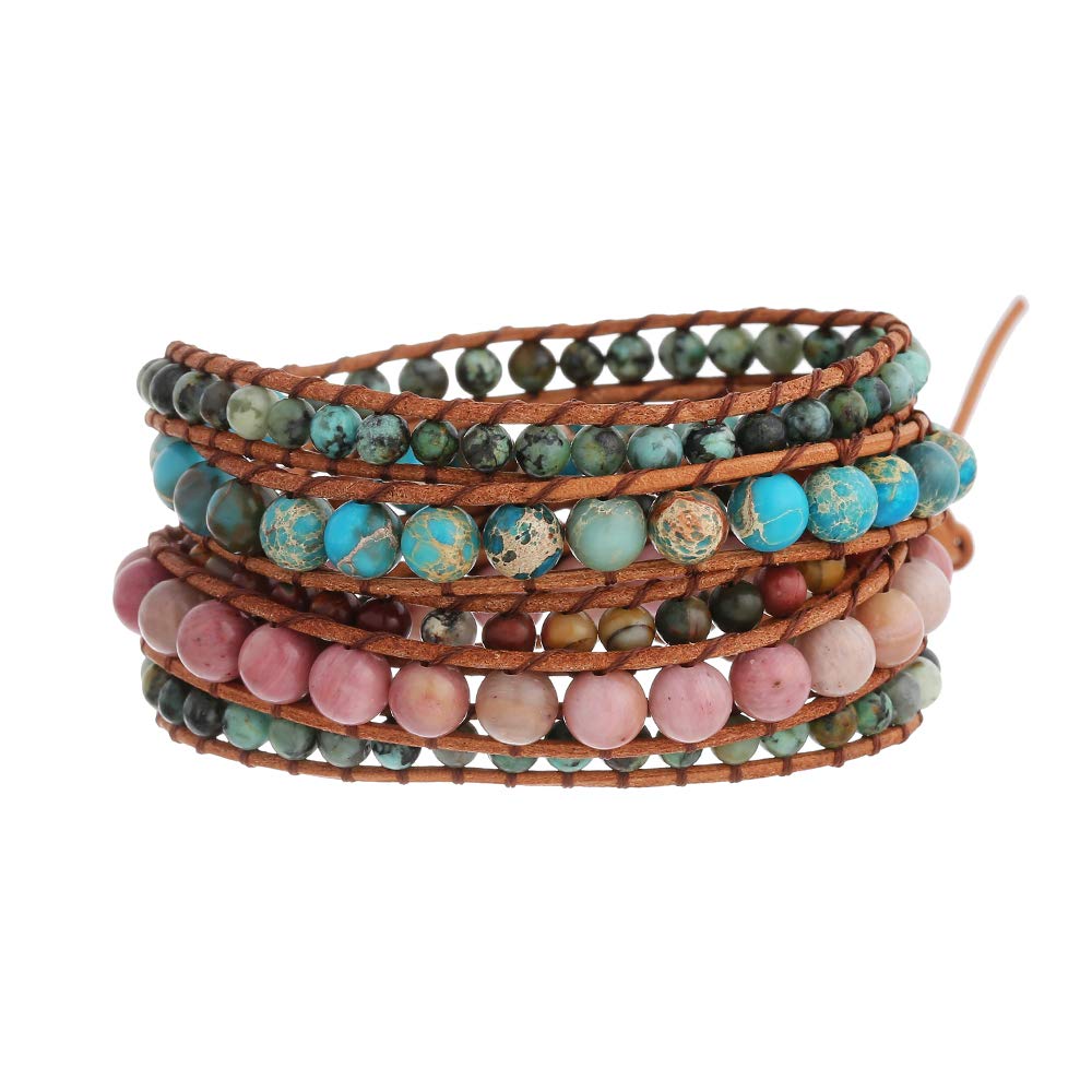Plumiss Women Boho 5 Wraps Bracelet Natural Rhodonite Picasso Jasper Turquoise Stone Strand Bracelet Jewlery