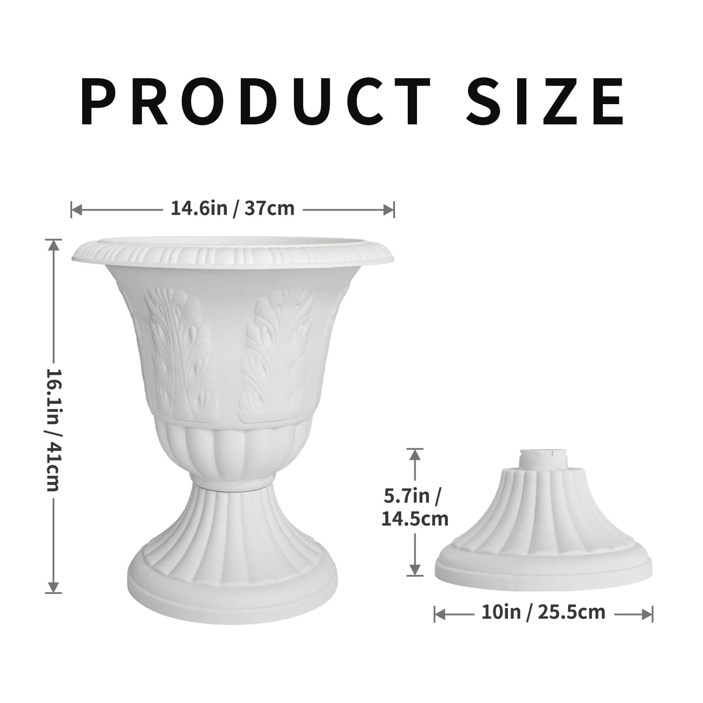 OUMUHE Set of 2 Goblet-Shaped Plastic Planter Urns, 16" H × 14.5" D Large Lightweight Durable Flower Pots, Decorative Indoor Outdoor Garden Patio Plant Containers (White)