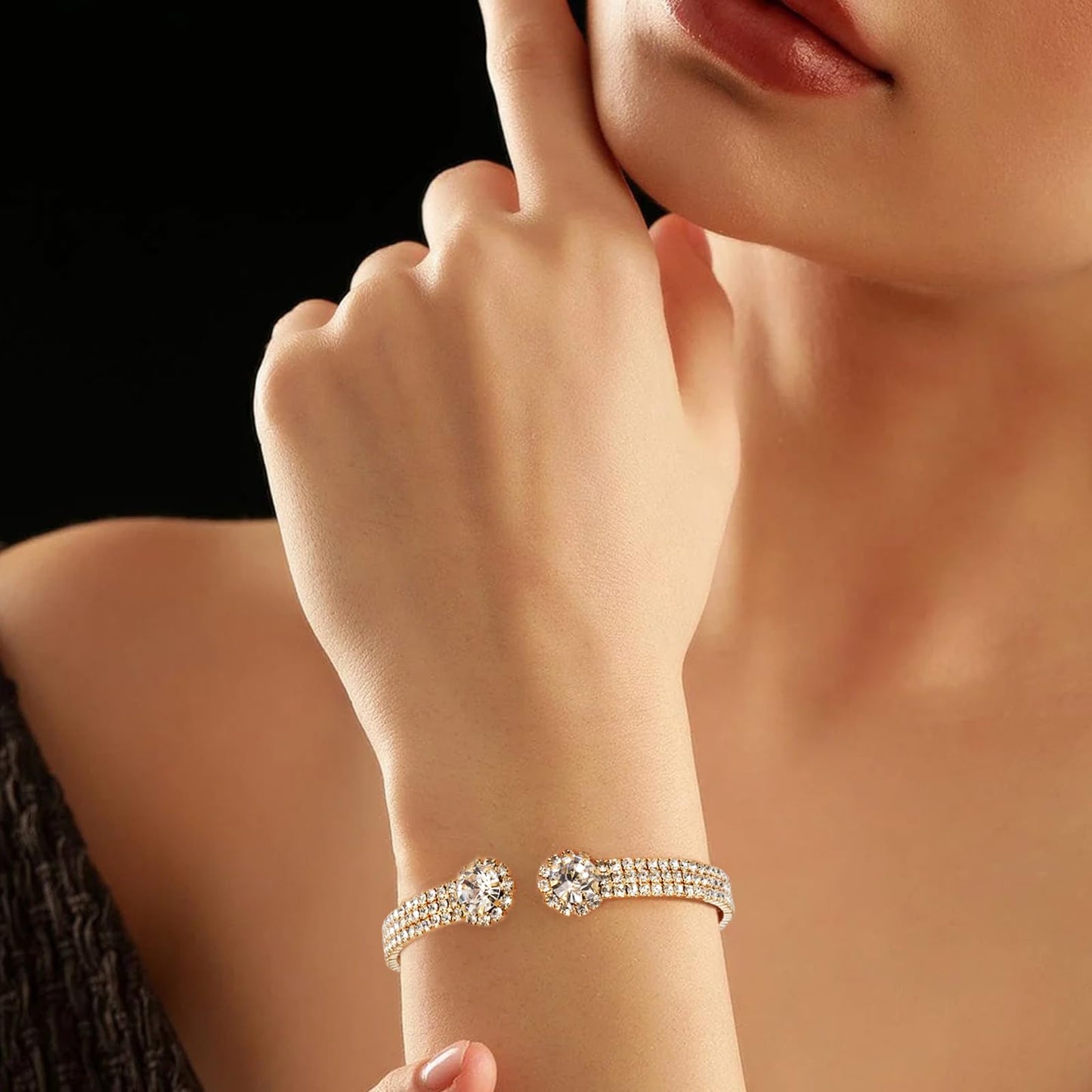 Tidefire Rhinestone Tennis Cuff Bracelet for Women Crystal Bridal Bangle for Prom Wedding Party Dating (1213 Gold)