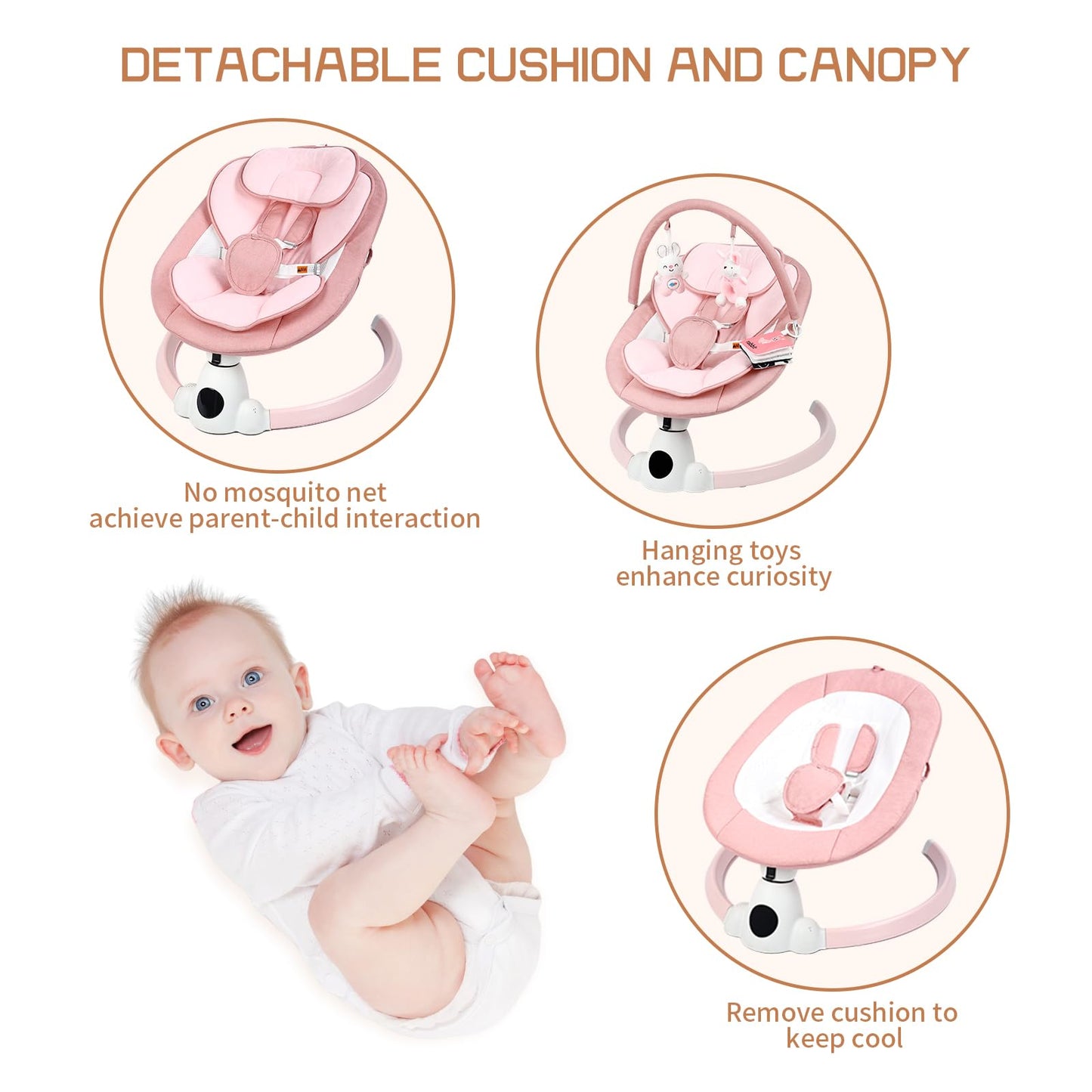 Uuoeebb Baby Swing for Infants, Portable Electric Baby Swings with Bluetooth, 5 Swing Speed, 10 Lullabies, 5-Point Harness, Remote Control & Touch Panel - Infant Swing for Indoor & Outdoor Use, Pink