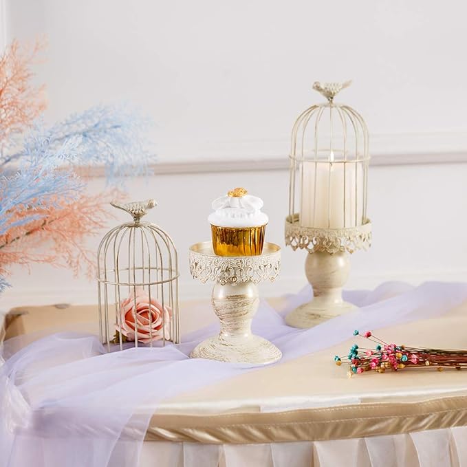 Sziqiqi Birdcage Candle Holders Decorative Set of 2，Distressed Ivory