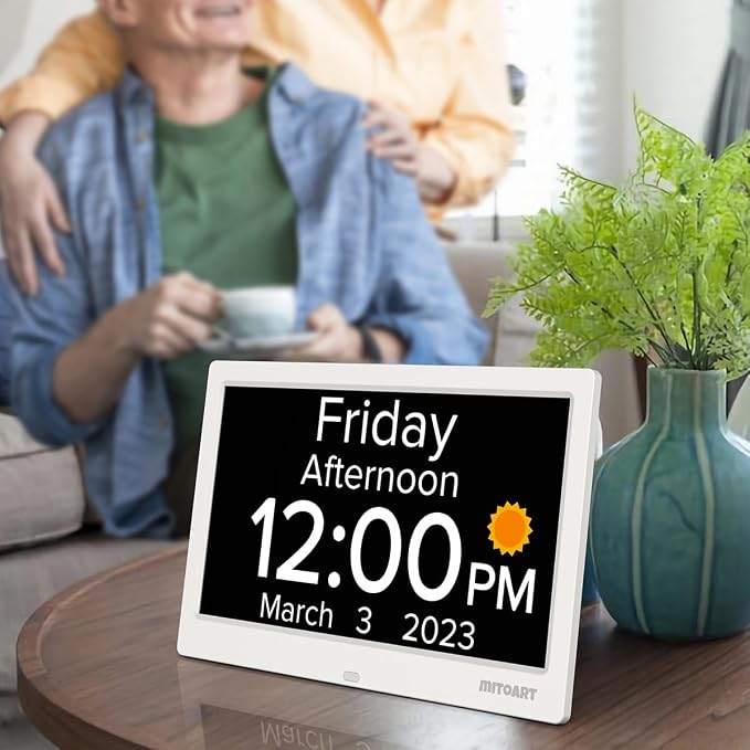 10.1 Inch Digital Alarm Clock with Date and Day of Week for Dementia Seniors, Clear Large Screen, Multiple Alarm Sets, Auto DST, Designed Specifically for Elderly - White
