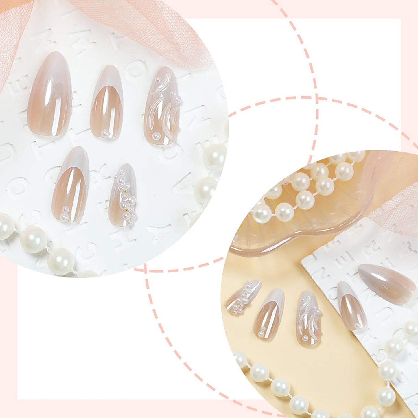 CJDLTS French Tip Press on Nails Medium Plating False Nails Almond Pearl Design Full Cover Coffin Nails Acrylic Artificial Nails 3D Press Ones French Stick on Nails DIY Glue on Nails for Women 24Pcs