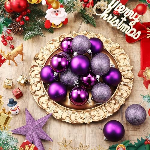 RoundFunny 25 Pcs Mini Christmas Balls Ornaments Set 2.36 Inch Christmas Day Ball Topper Star Tree Hanging Ornaments for Party Decoration(Purple)