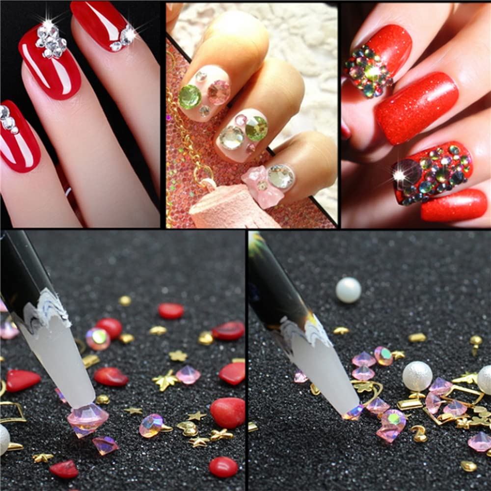 JERCLITY 10 Pieces White Refill Rhinestone Picker Pencil Set Self Adhesive Nail Dotting Wax Pen with 5 Piece Triangular Beads Sorting Tray for Nail Art DIY Decoration