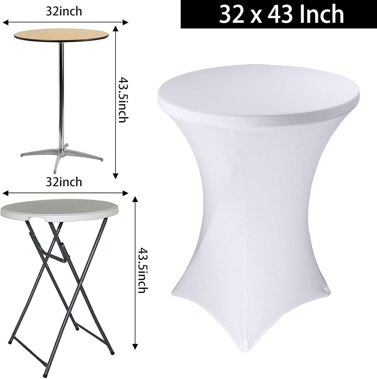 12 Pack Cocktail Spandex Tablecloth 32"x43" Cocktail Table Cover Fitted for High Top Round Table for Bar Wedding Birthday Party Banquet (White)