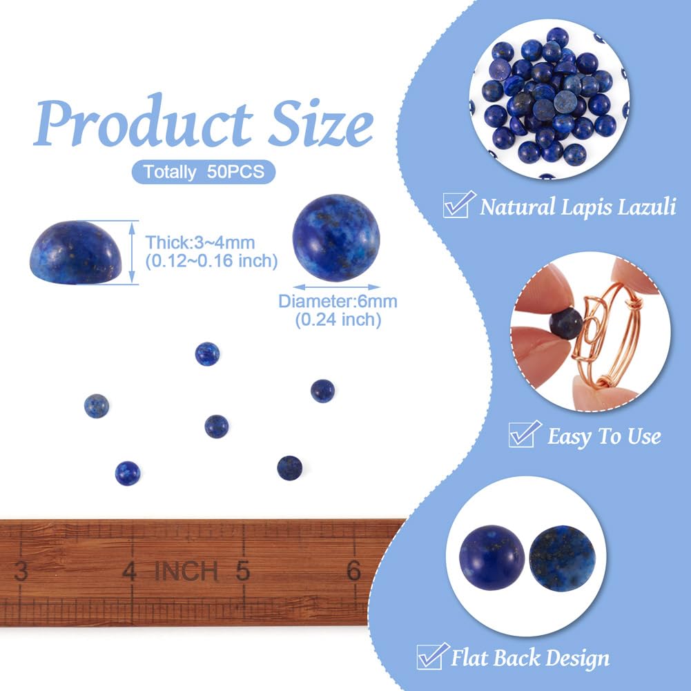 Fashewelry 50Pcs Natural Lapis Lazuli Cabochon Stone Half Round Beads 6mm Flat Back Gemstone Chakra Healing Crystal Dome Cover Cabs for Jewelry Making