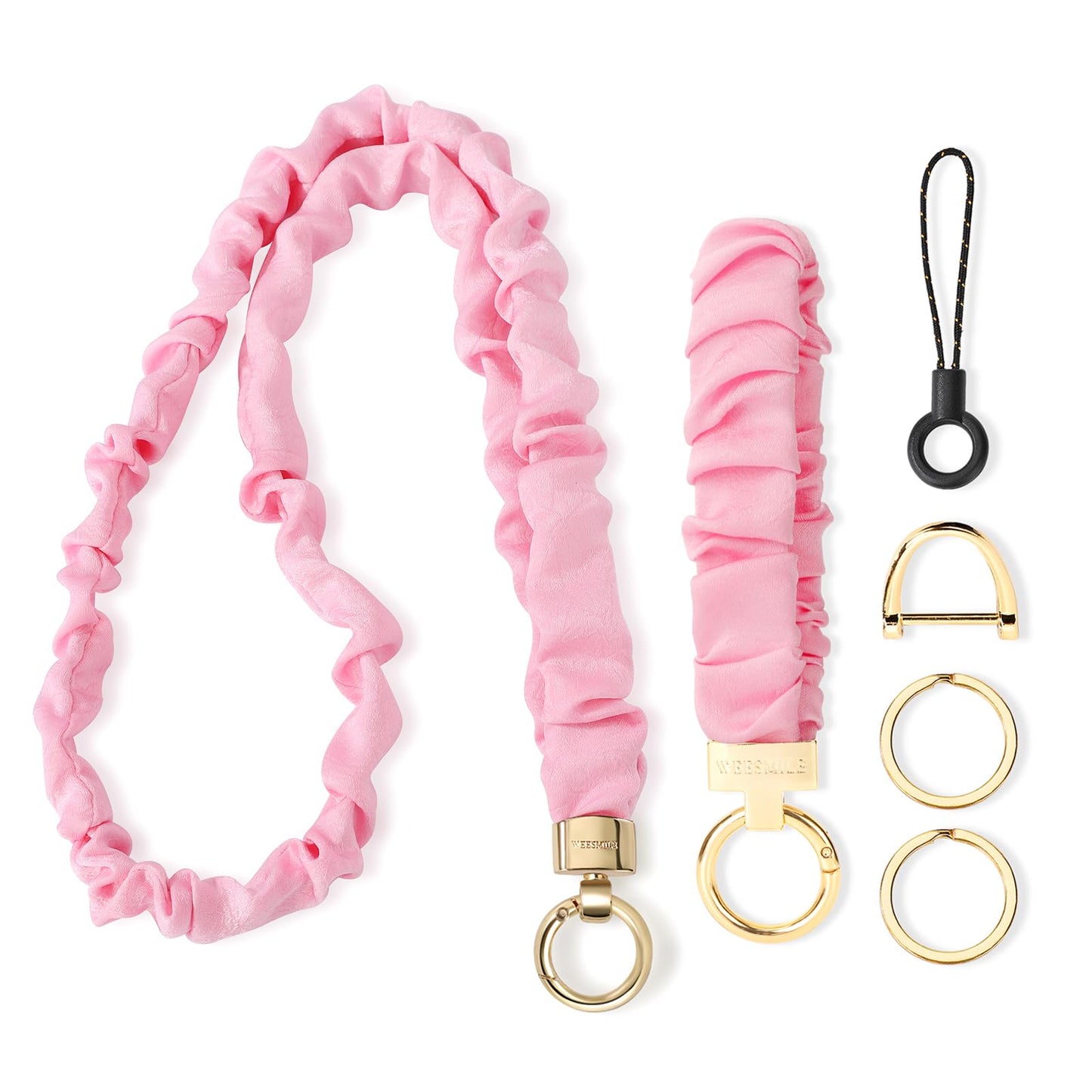 WEESMILE 2 Pcs Retractable Scrunchie Lanyard & Keychain Wristlet, Cute Key Lanyards for ID Badge | Stretchy Neck Lanyard for Women, Teachers (Pink)