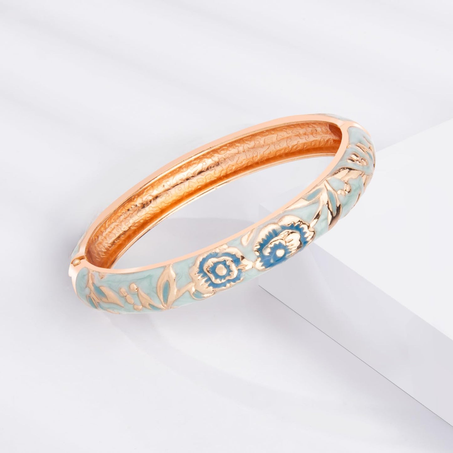 UJOY Flowers Bracelet Multi-Colors Cloisonne Wedding Jewelry Gift Women Enameled Bangles Opening Hinged 55A106 Light Blue