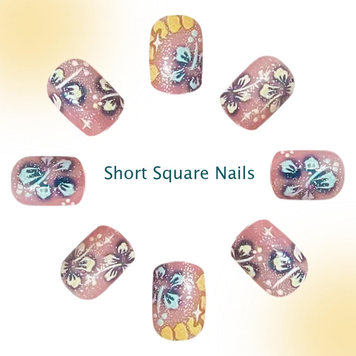 Extra Short Press on Nail Flower Fake Nail with Blue Floral designs Full Cover Glitter Press ones Cute Glue on Nails ReusableSummer False Nails for Women Beach Manicure24pcs