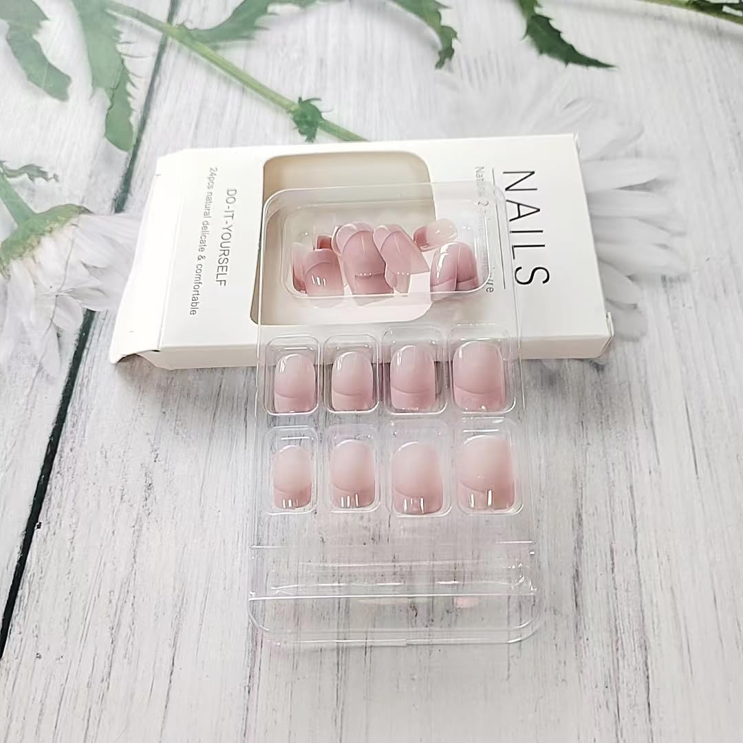 24Pcs French Tip Press on Nails Short Square Fake Nails Glossy Nude Pink False Nails Reusable Full Cover Stick on Nails Acrylic Nails Cute Matte Artificial Fingernails Glue on Nails for Women