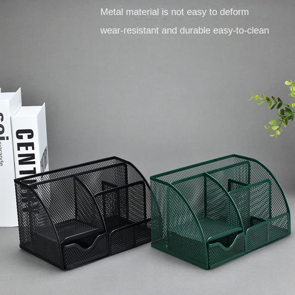 UNVARYSAM Green Desk Organizer Mesh Drawer Storage Accessories with 6 Compartments and Drawer, Desktop Caddy Storing Stationery Trinkets Cosmetics Jewelry Electronic Gadgets for Workspace Classsroom