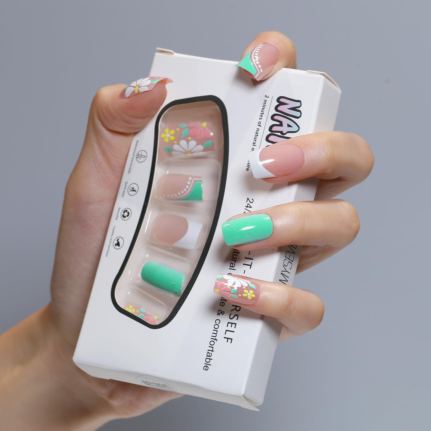Goolich Green Blooming Flower Press On Nails Medium Square, Nails Press ons with Adhesive Tabs, 24 Pcs 12 Size Reusable Full Cover Glue on Nails for Women