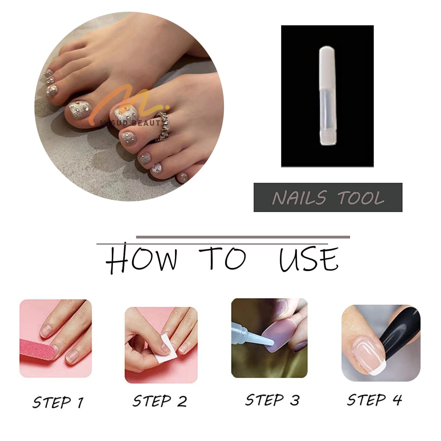 MISUD Press on Toenails - Fake Toe Nails with Bling Silver Glitter, Acrylic Toenail Charms Design 24 pcs