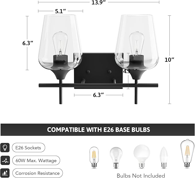 VONLUCE Bathroom Vanity Light, 2 Light Bathroom Light Fixture Over Mirror, Bathroom Wall Lamp with Clear Glass, Modern Black Vanity Lighting fixtures for Bathroom, Bedroom, Hallway