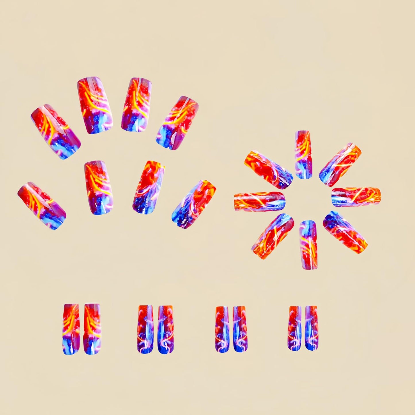 Press On Aurora Flame Stripe Red Blue Lightning Design Square False Nails - Artificial Full Cover Acrylic Coffin Reusable Glue on DIY Stick on Nails for Women - 24Pcs