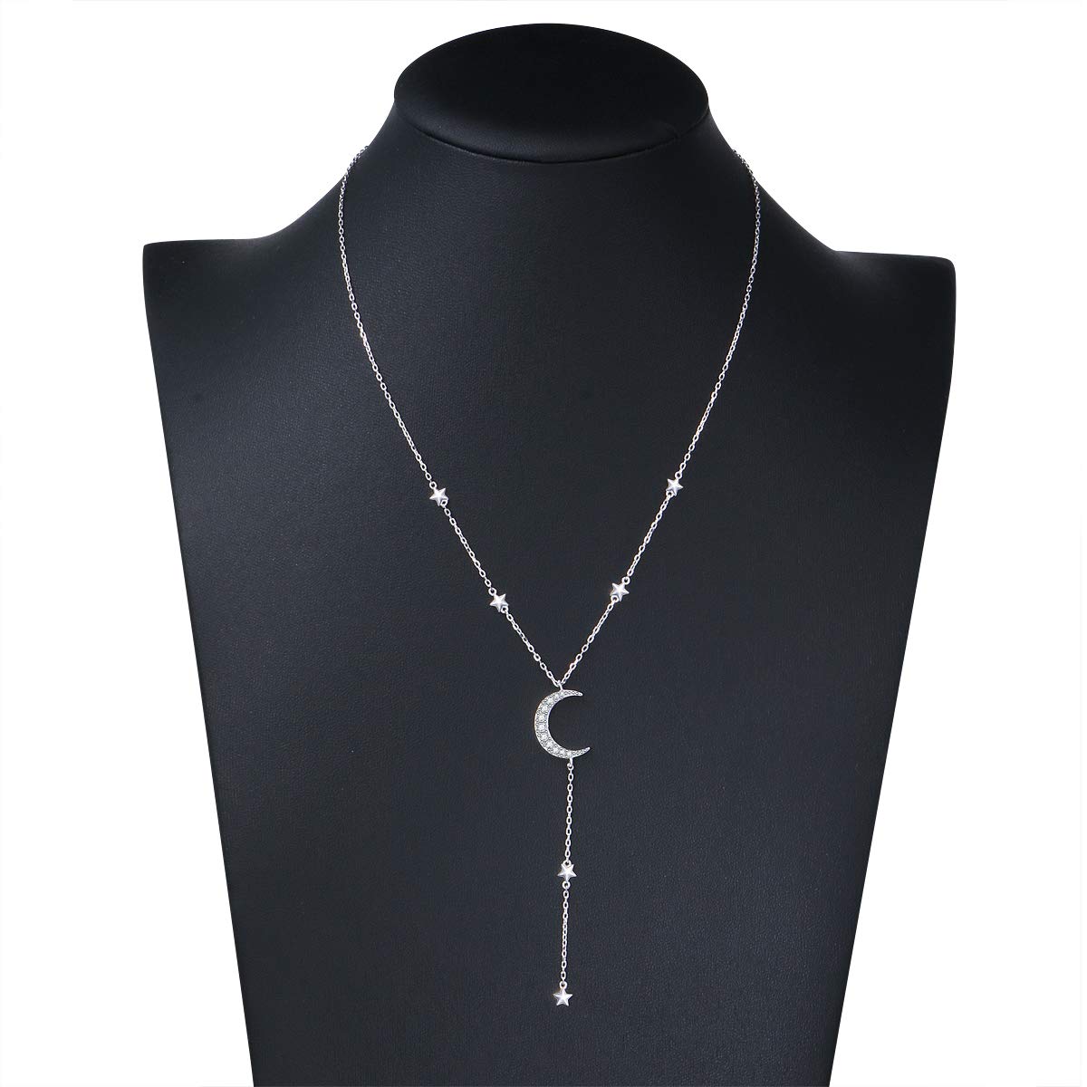 Ladytree S925 Sterling Silver Crescent Moon and Star Celestial Jewelry CZ Y Necklace Rolo Chain 18 inches to 20 inches