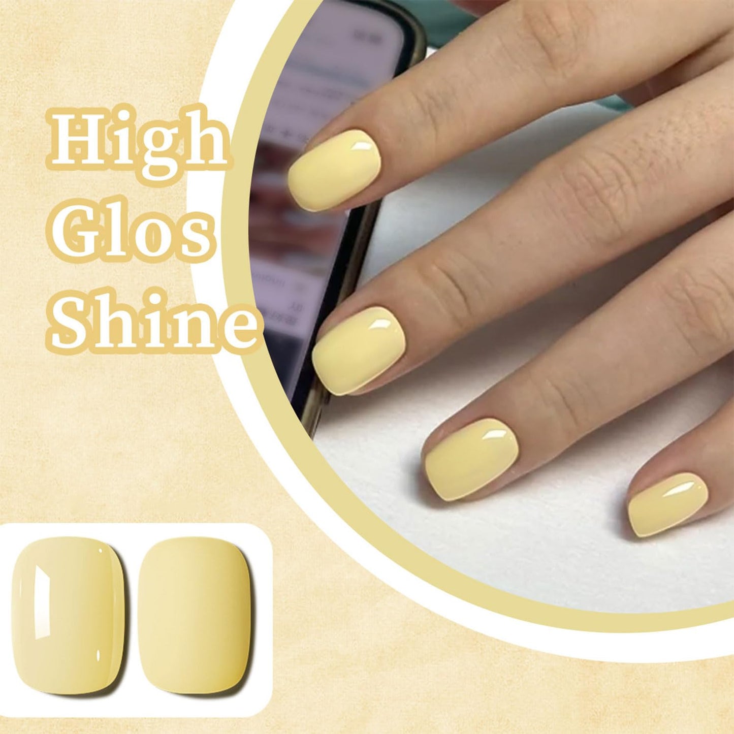 Press on Nails Short Square Fake Nails Yellow Nails Press Ons Solid Color Acrylic False Nails Glossy Full Cover Glue on Nails Yellow Reusable Stick on Nails for Women 24Pcs