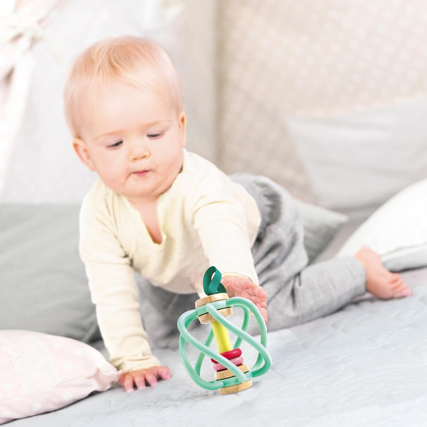 Hape Apple Grab Toy - Silicone & Wood Baby Rattle & Teether – Sensory Development Toy with Gentle Sound, Soft Chewable Rings, Easy Attachment for Crib & Stroller – for Babies 0-18 Months