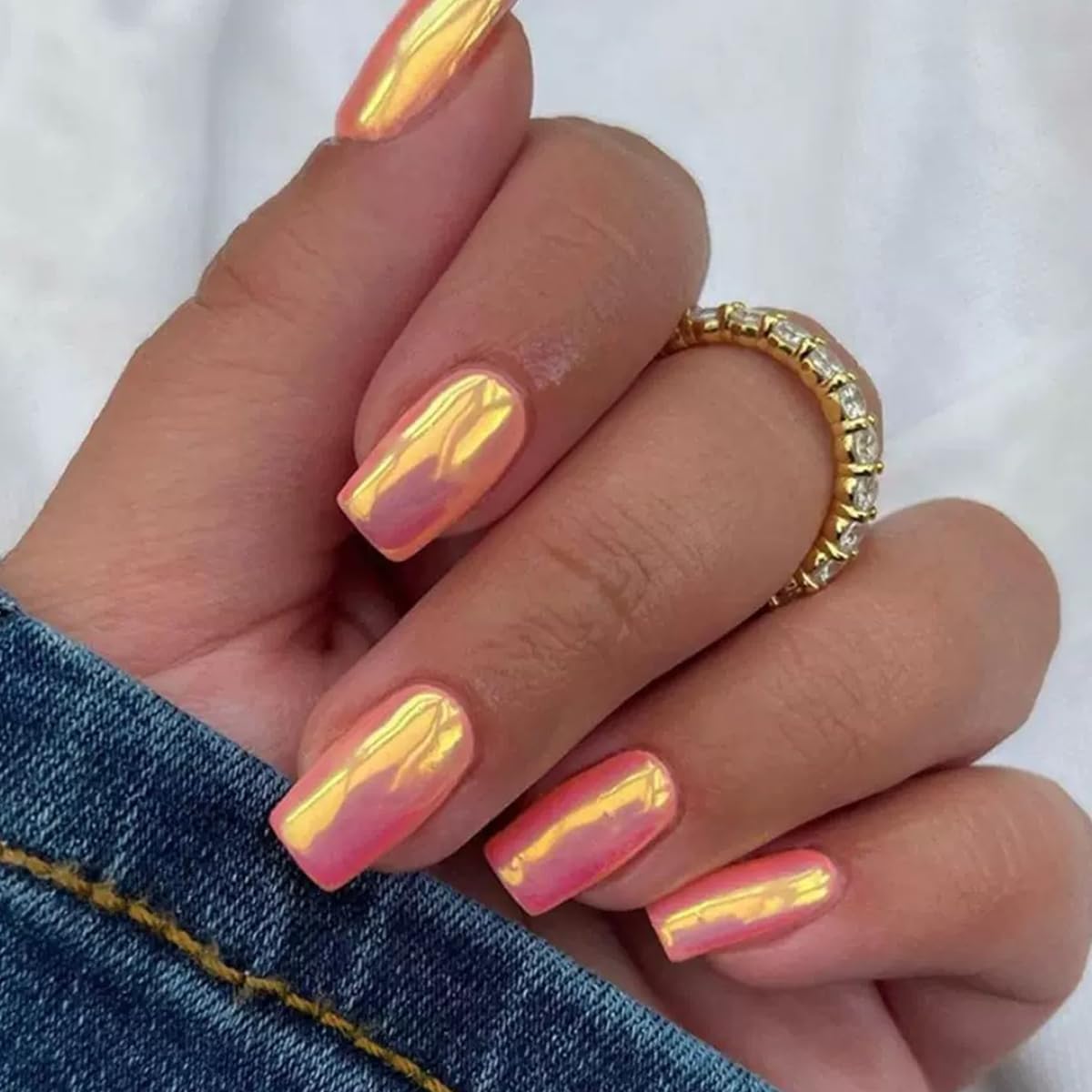 6 Packs (144 Pcs) Press on Nails Medium Square Fake Nails Chrome False Nails with Designs Hot Pink Siliver Glue on Nails Full Cover Solid Color Glossy Acrylic Stick on Nail for Women Manicure