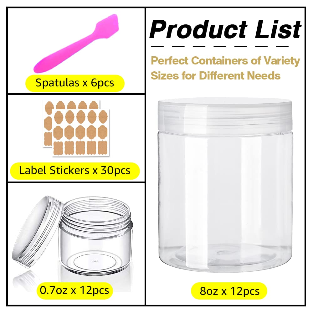 AMORIX 8oz Clear Plastic Jars with Lids 8 oz Plastic Containers with Lids + 20g Sample Containers (Set of 24) Airtight Container for Lip Scrub, Body Butters, Cream, Slime, Craft Storage