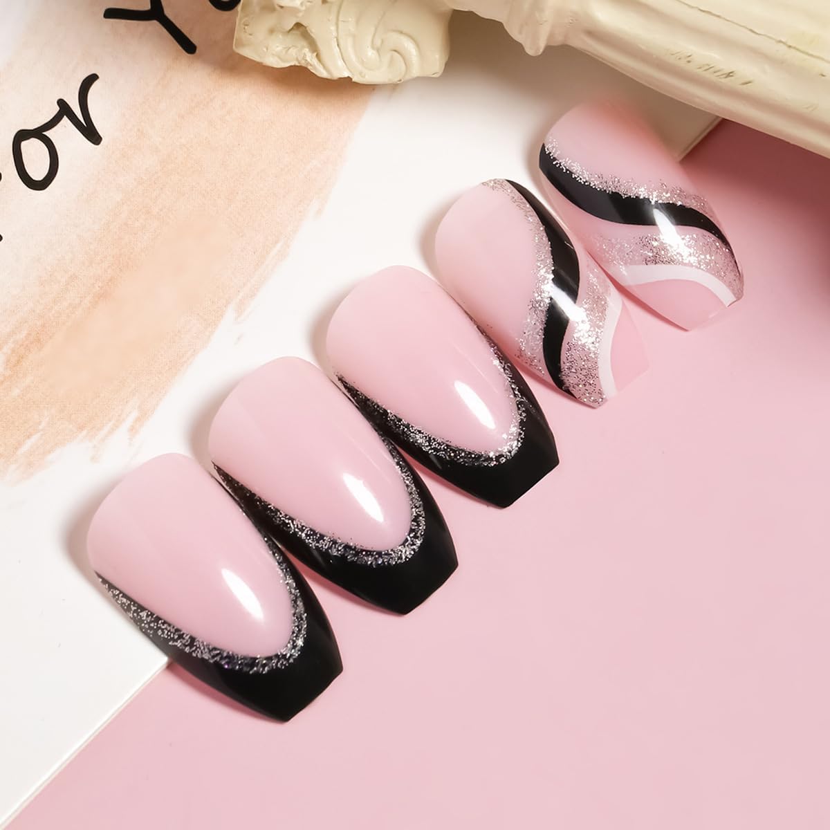 24PCS Black French Tip Press on Nails Medium Length Square Fake Nails with Silver Glitter Line Designs Glossy Coffin Nails Full Cover Nail Tips False Cute Stick on Nails for Women
