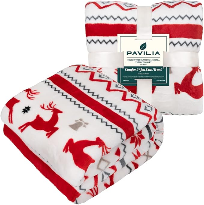 PAVILIA Christmas Throw Blanket | Holiday Christmas Reindeer Snowflakes Fleece Blanket | Soft, Plush, Warm Winter Cabin Throw, 50x60 (White Reindeer)