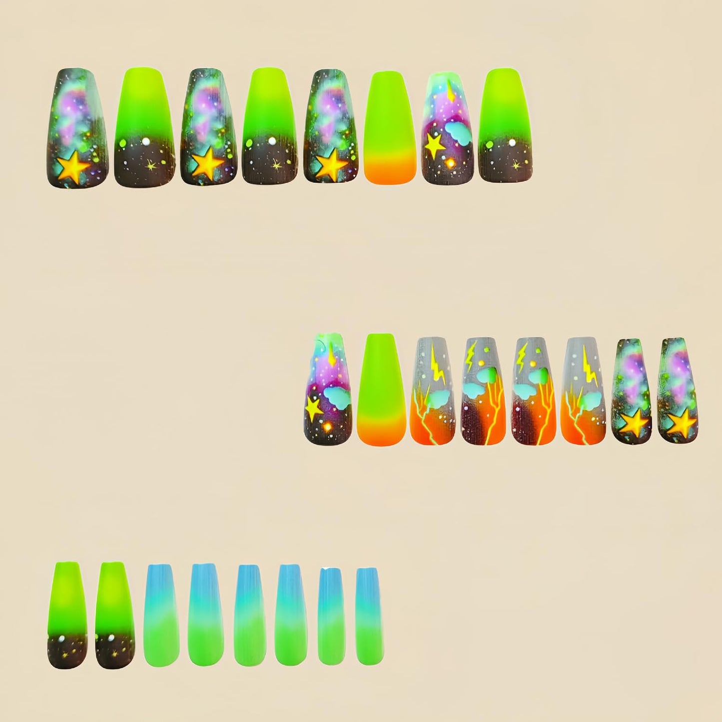Gradient Press on Nails Long Length Ballet Shaped False Nails Clouds Lightning Pattern Design Acrylic Nails Colorful Smudge Press Nails Artificial Acrylic Nails Full Cover Stick on Nails for Women