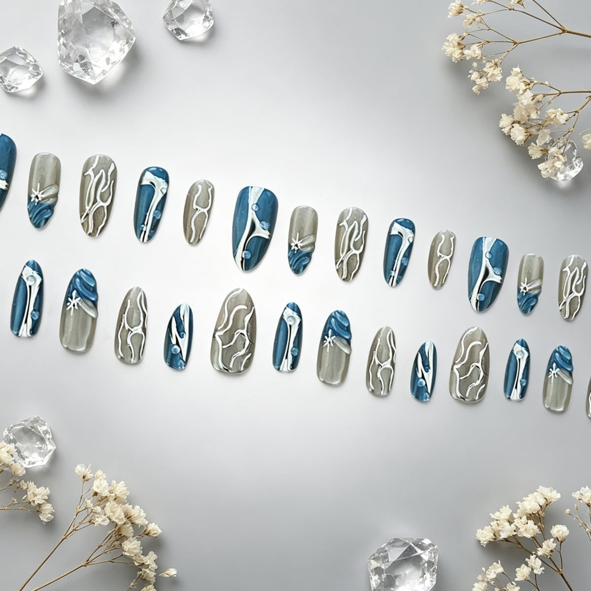 3D Press On Nails Almond Medium Fake Nails with Cat's Eye Glossy Relief Lines High-end Designs, Acrylic Artificial Nail Press ons False Stick On Nails for Women Girls 30Pcs