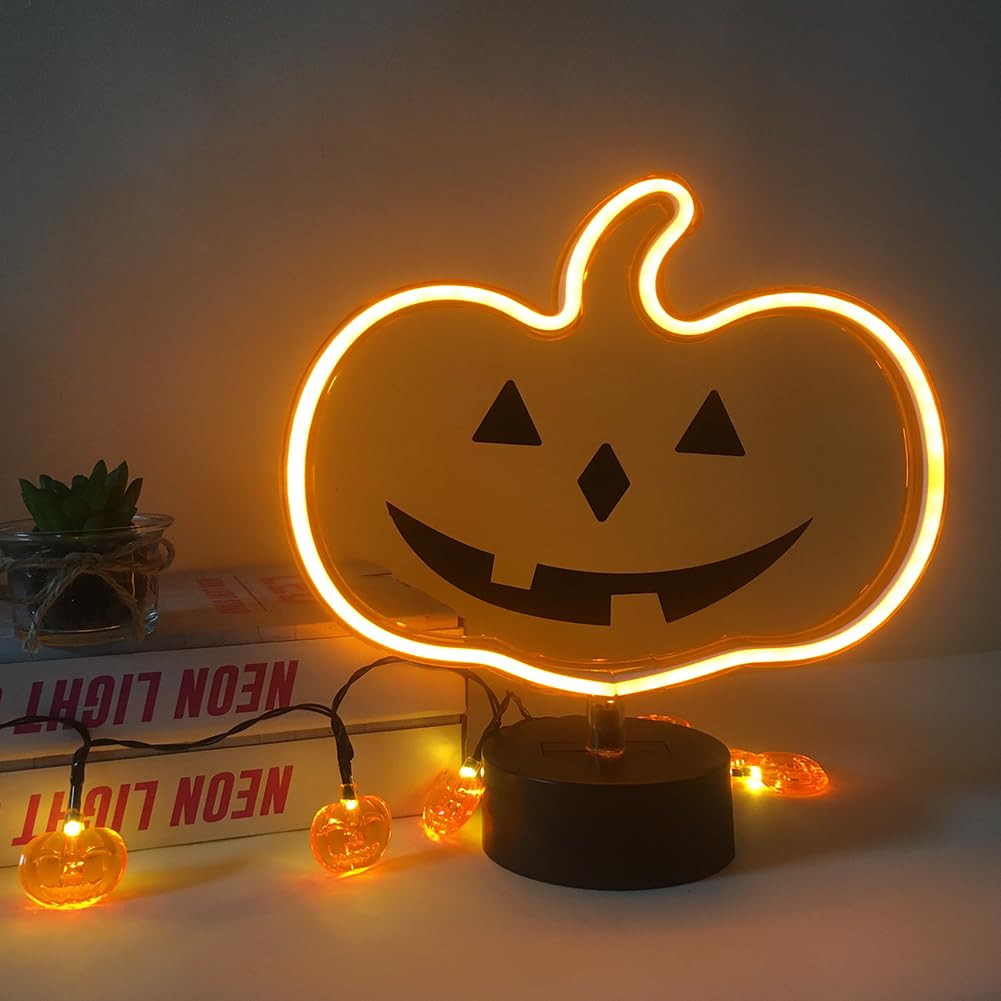 Orange Glowing Pumpkin Neon Sign, Halloween Decor - USB or Battery Powered Table Light