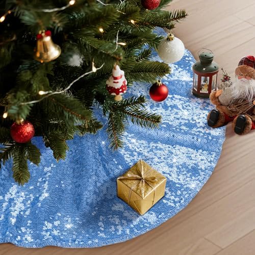 Poise3EHome Baby Blue Christmas Tree Skirt, 24 Inch Sequin Tree Skirt
