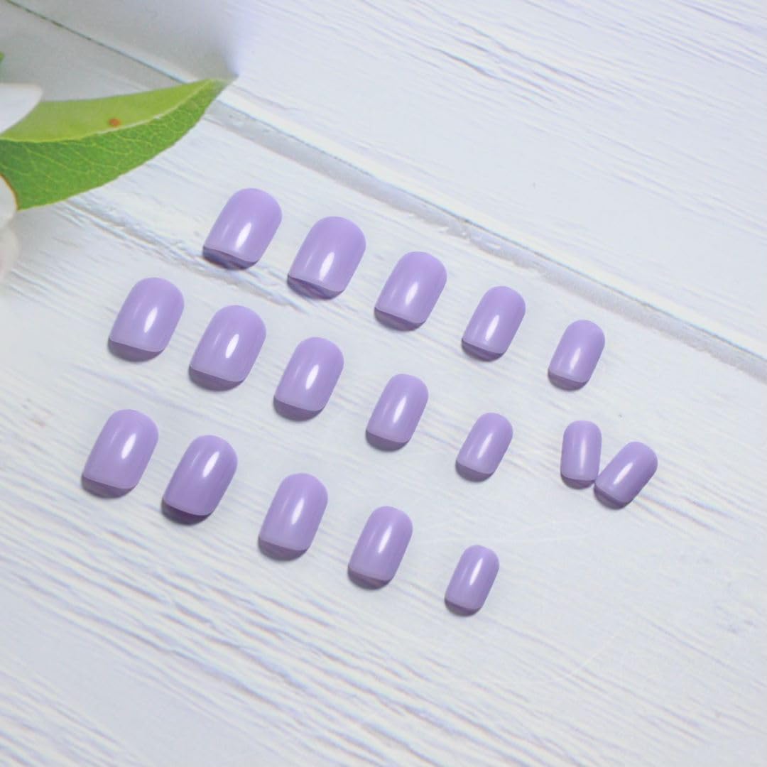 Lilac Press On Nails Short Square, KXAMELIE Natural Gel Nails Glue on Acrylic Nails Press ons Featured Protective Coat Thick Reusable Fake Nails Solid Color 24 Short Coffin Artificial Nails