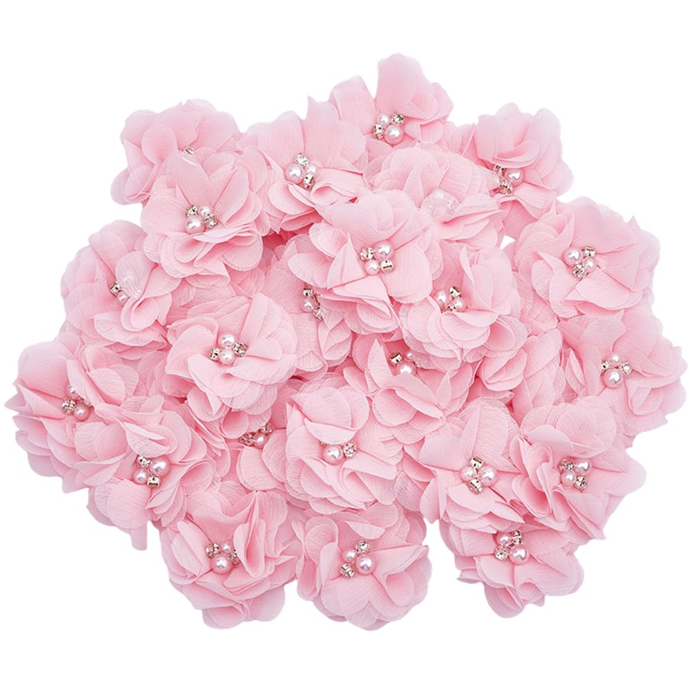 SOFPLATE 1 Box 30Pcs Pink Chiffon Flower Artificial Fabric Flower Appliques Pearl Rhinestone Felt Back Sewing Appliques for Clothes Hair Accessories Embellishments Wedding Decor DIY Craft Projects