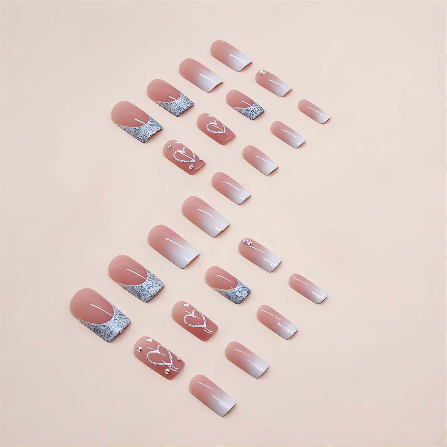 RUOKEXIN Heart Press On Nails Medium Square Fake Nails Glitter Glossy Acrylic False Nails with Rhinestones Designs Ombre Pink Full Cover Press Ons Fall Winter Holiday Stick on Nails for Women 24Pcs