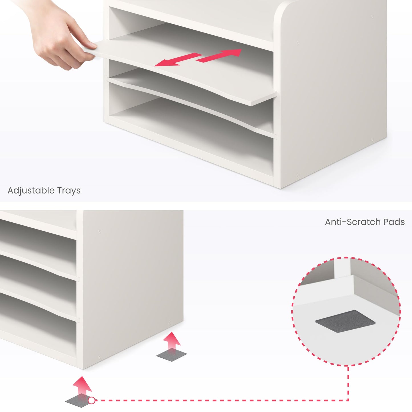 Ballucci File Organizer, 4-Tier Office Desk Organizer, Open Top Wood Paper Organizer for Classroom, Mail Sorter Paper Tray with Adjustable Storage Shelves, White