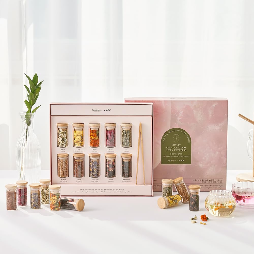 KKOKDAM Premium 10-Tea Sampler Gift Set with Wooden Tweezers – 5 Blooming Flower & 5 Blended Loose Leaf Teas – Unique Korean Gift Box for Women, Mom & Tea Lovers – 1.68oz Variety Pack