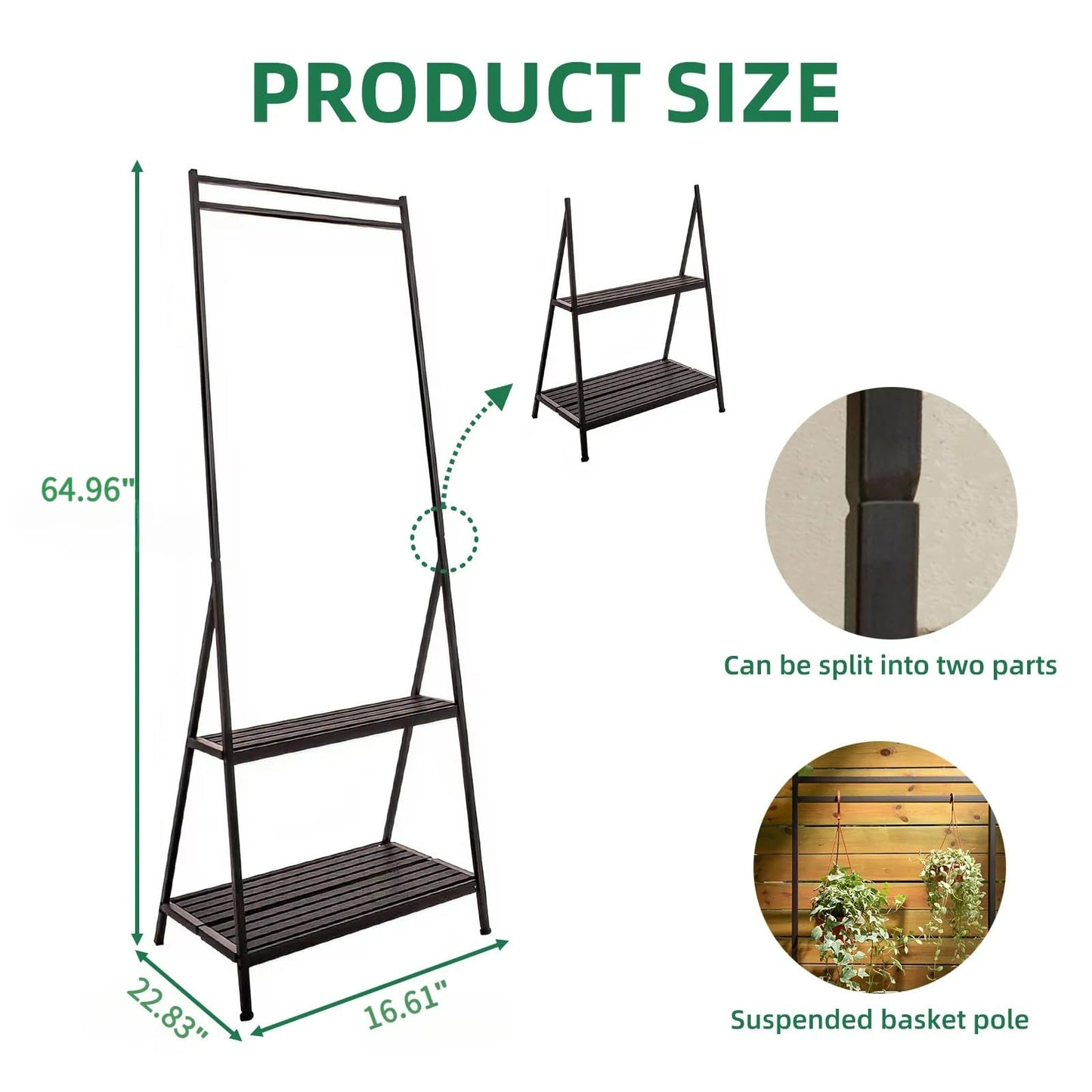 MultirackX Hanging Plant Stand Folding Plant Stand 2 Tier Ladder Shelf with Hanging Rod Height Adjustable Flower Pot Display Organizer for Balcony Porch Living Room