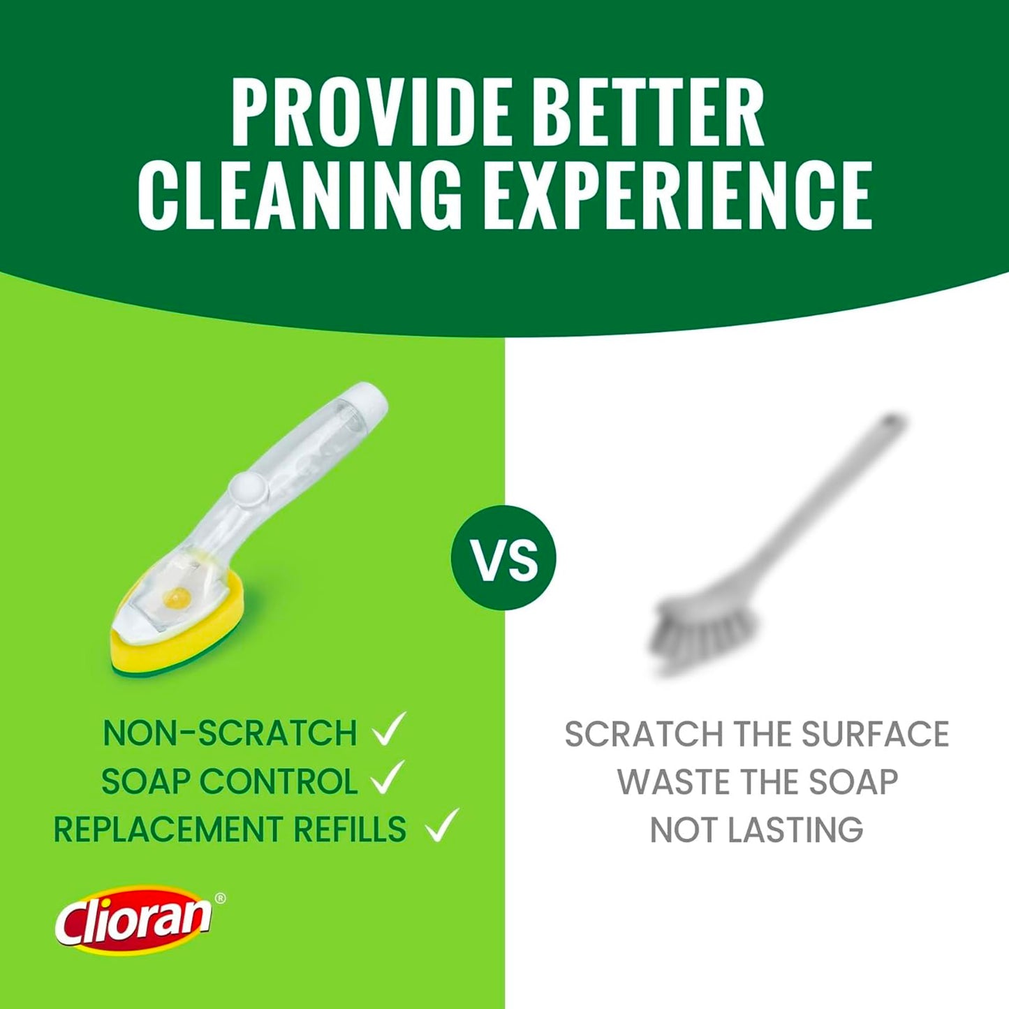 Clioran Dishwand Refills Sponges Heads with Soap Control Handle, 6 Non-Scratch Replacement Sponge Head for Dish Wand,Leak-Proof Handle,Universal Compatible Soap Dispensing Brush for Kitchen,Dishwasher