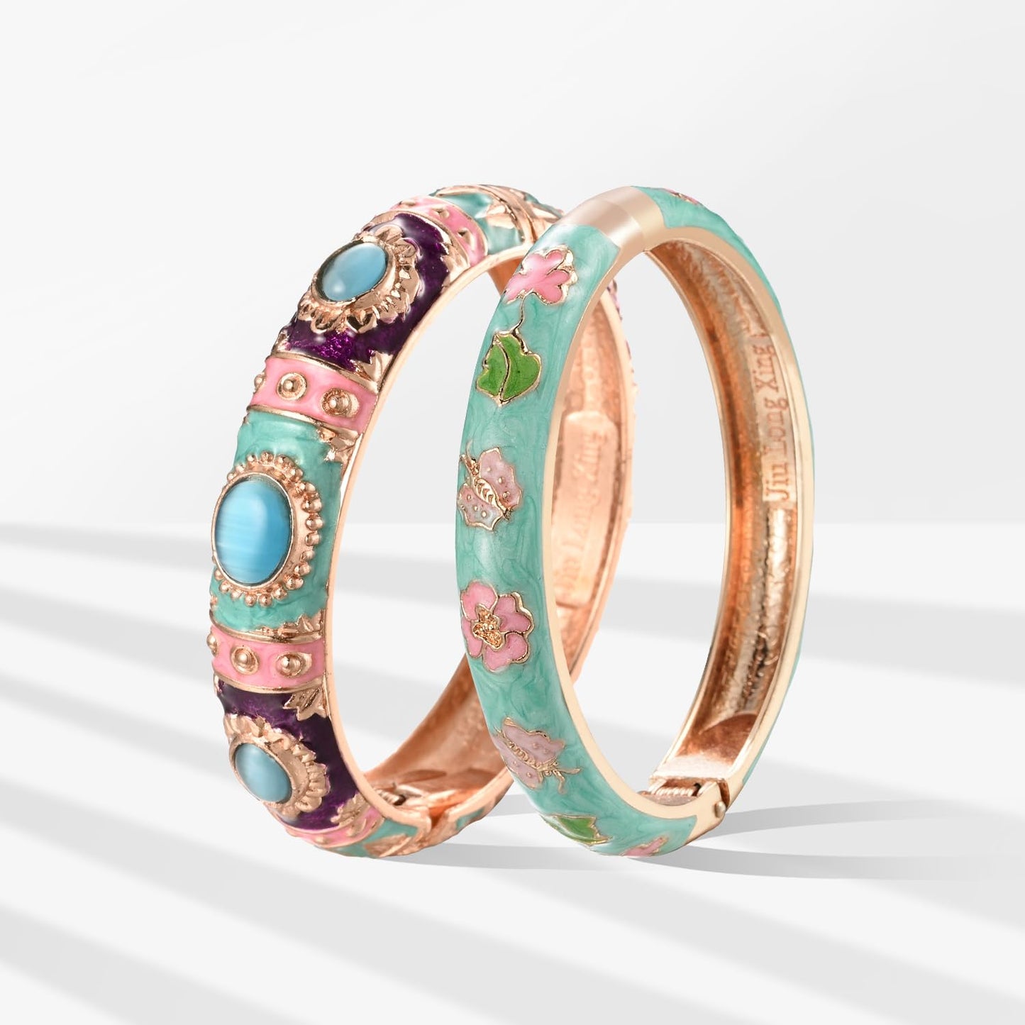 UJOY Vintage Cloisonne Jewelry Bracelet Plated Handmade Bead Rhinestones Enamel Spring Cuff Bangles 2 Pcs Set for Womens Gift 7735-55A67 Pink