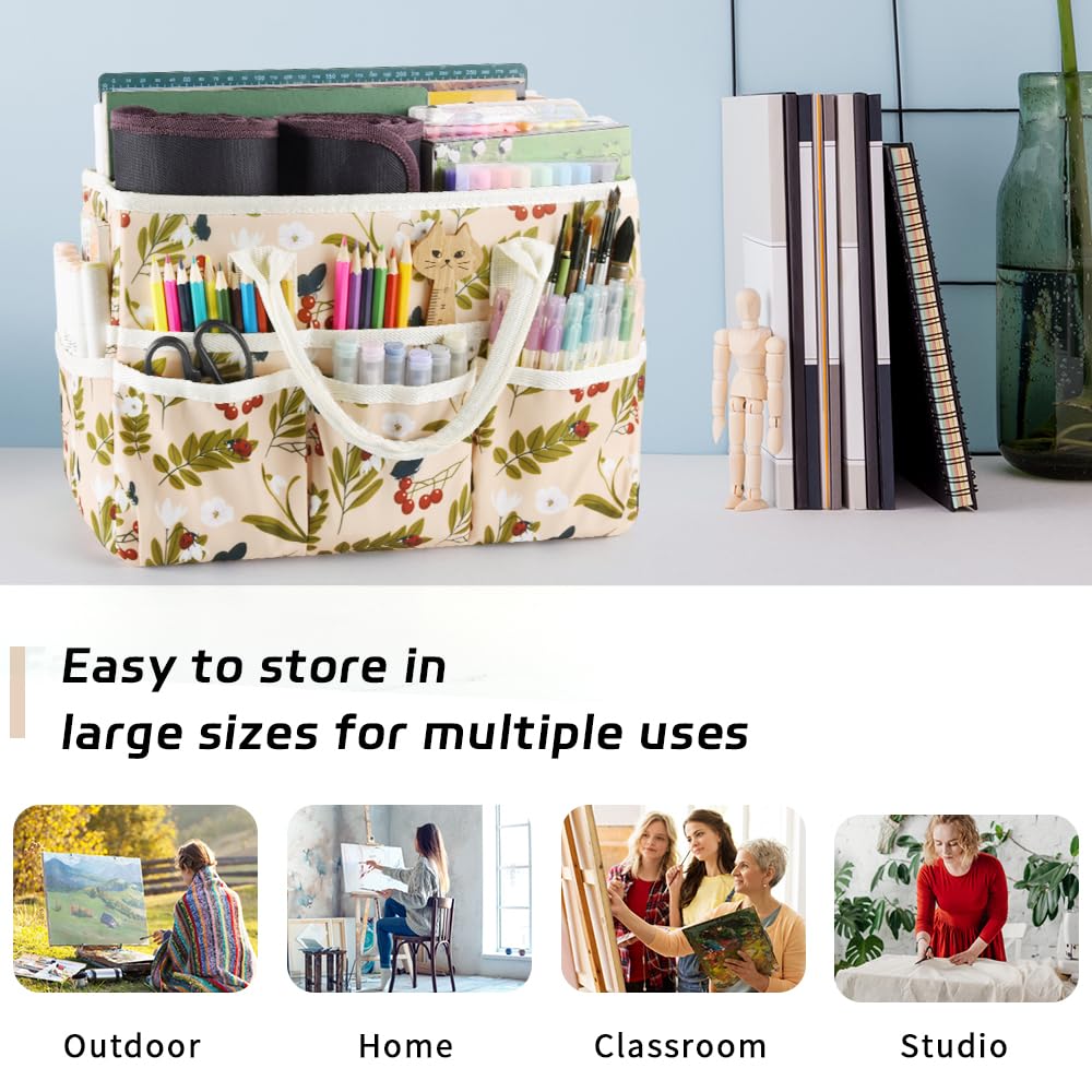 E-WEICHEN Craft Organizer Tote Bag Art Storage Caddy with Multiple Pockets Containers for Art,Craft,and Office Supplies Storage.Red Fruit