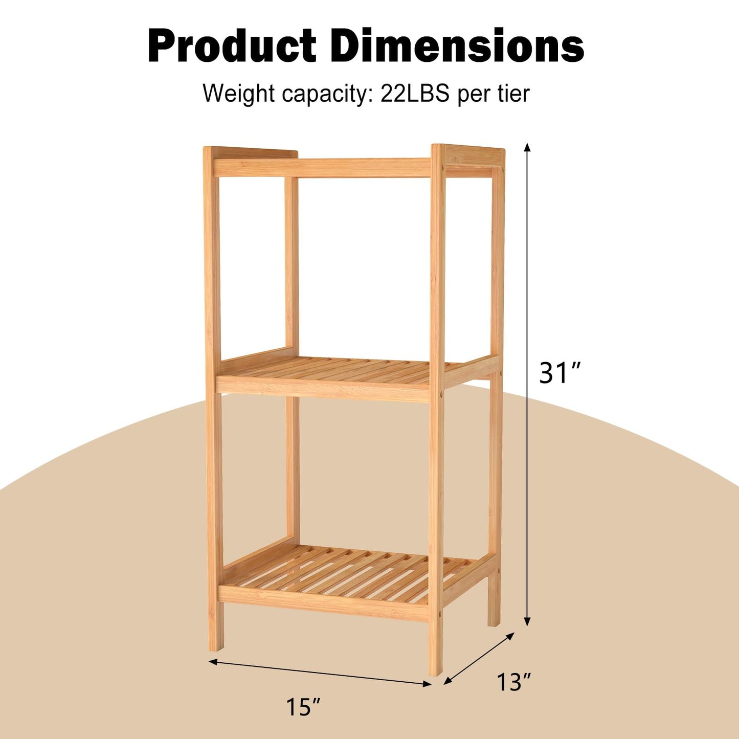 kinbor 3-Tier Bamboo Shelf Freestanding - Space-Saving Bathroom Standing Shelf & Plant Stand, 3 Shelf Bookcase for Kitchen, Living Room, Office (Natural Bamboo, Easy Assembly)