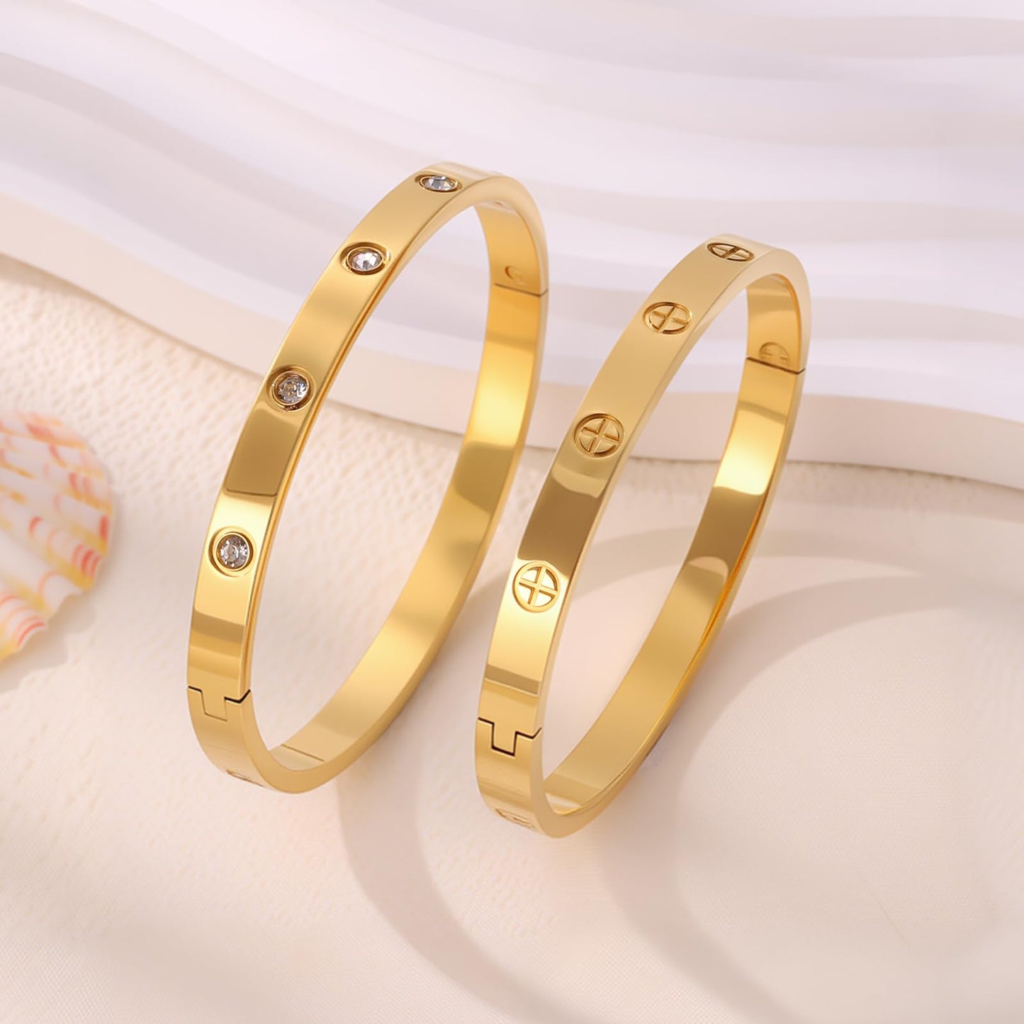 Camhanno 18K Gold Plated Stainless Steel Cuff Bracelet & Love Friendship Screw Bangle Bracelet Set for Women with Gift Box (2Pcs Gold Set Style 3)