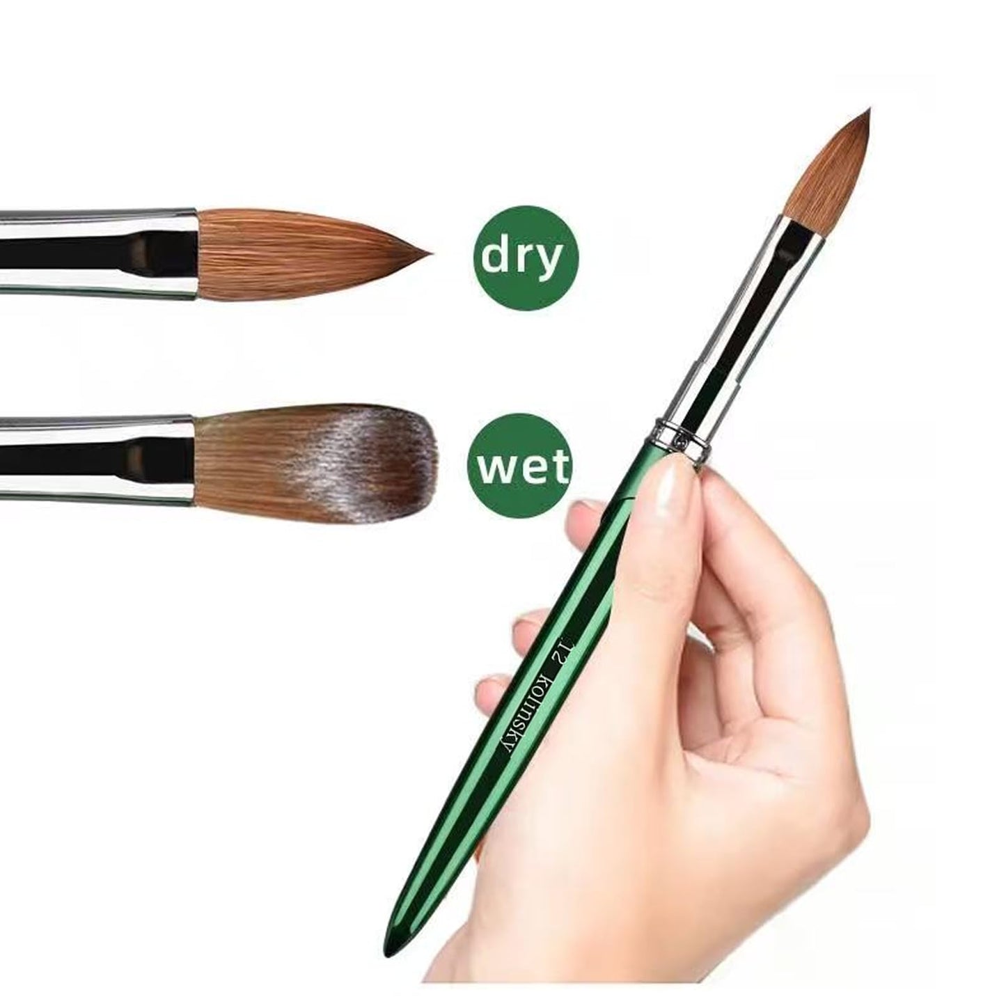 100% Kolinsky Nail Art Brushes Acrylic Nail Brushes Pure Kolinsky Hair Acrylic Crystal Chrome Green Handle with Silver Ferrule Round Shaped for Women Girls Manicure Tools Accessories-Size 12
